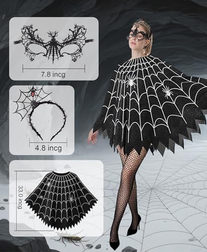 Spider Web Poncho for Women, Glow in the Dark Halloween Dress Cosplay Costume with Headband and Mask Outfit