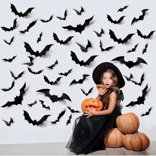 56pack Bats Wall Decor Black Scary Wall Bats for Halloween, 3D Bats Halloween Wall Decor, Scary Decoration for Halloween Party Porch