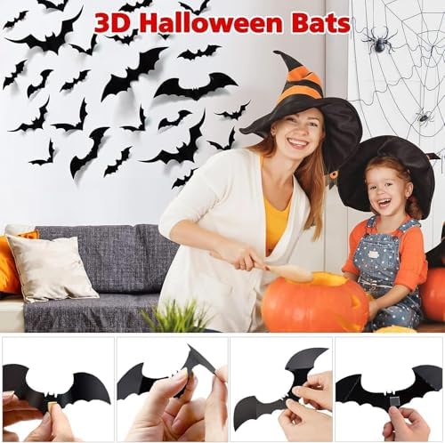 56pack Bats Wall Decor Black Scary Wall Bats for Halloween, 3D Bats Halloween Wall Decor, Scary Decoration for Halloween Party Porch