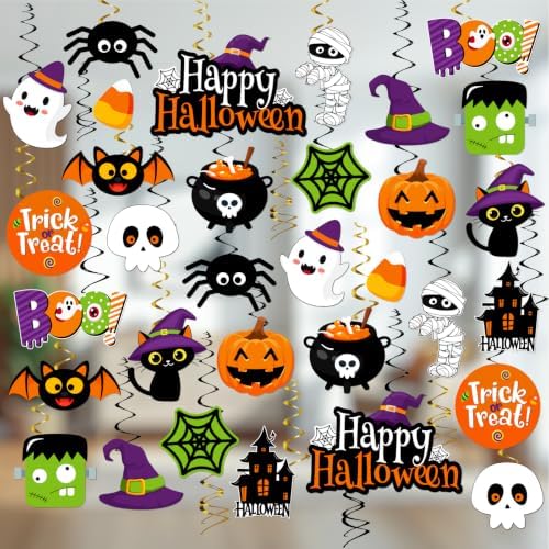 Halloween Hanging Decorations,Halloween Ghost Streamers,Cute Spooky Ghost Pumpkin Witch Hats Ceiling Hanging Swirls, Halloween Decorations Indoor for Office Classroom
