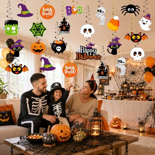 Halloween Hanging Decorations,Halloween Ghost Streamers,Cute Spooky Ghost Pumpkin Witch Hats Ceiling Hanging Swirls, Halloween Decorations Indoor for Office Classroom