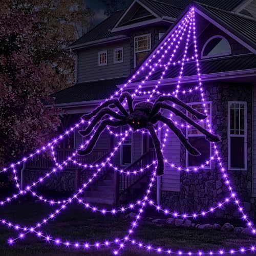 Halloween Spider Web Outdoor Decorations, Purple Lights Up Giant Spiderweb
