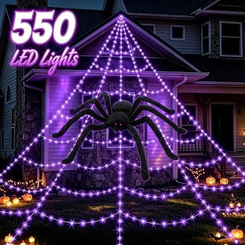 Halloween Spider Web Outdoor Decorations, Purple Lights Up Giant Spiderweb
