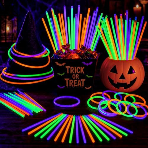 100 Pcs 8" Halloween Glow Sticks Bulk Party Pack