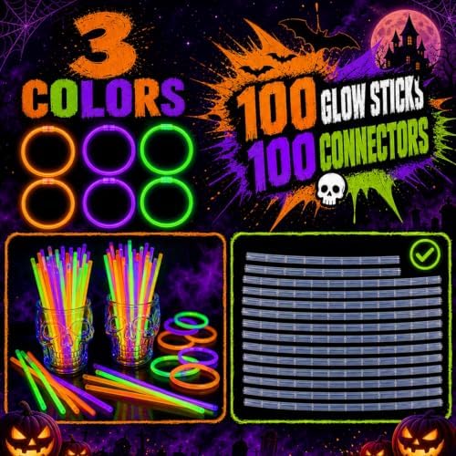 100 Pcs 8" Halloween Glow Sticks Bulk Party Pack