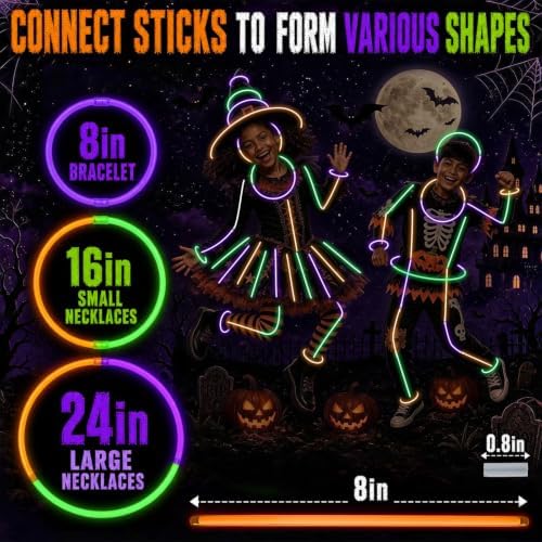 100 Pcs 8" Halloween Glow Sticks Bulk Party Pack