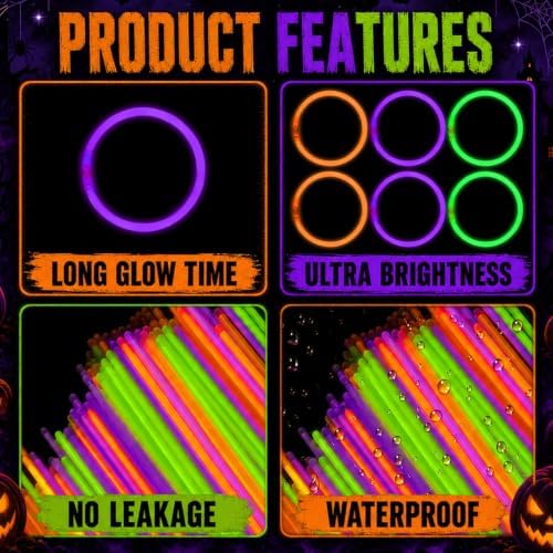 100 Pcs 8" Halloween Glow Sticks Bulk Party Pack