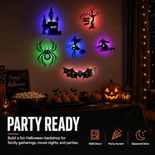 Halloween LED Window Lights, 8-Piece Bat and Witch Wall Decorations，Black：3
