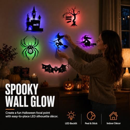 Halloween LED Window Lights, 8-Piece Bat and Witch Wall Decorations，Black：3