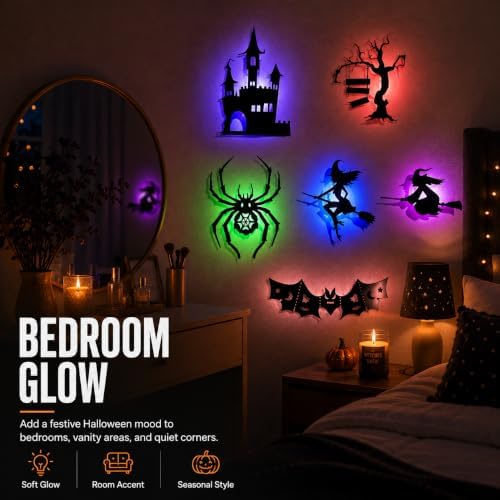 Halloween LED Window Lights, 8-Piece Bat and Witch Wall Decorations，Black：3