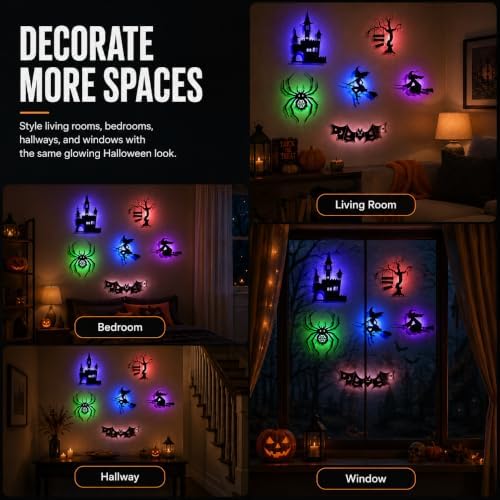 Halloween LED Window Lights, 8-Piece Bat and Witch Wall Decorations，Black：3