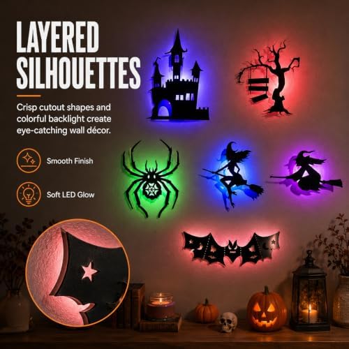 Halloween LED Window Lights, 8-Piece Bat and Witch Wall Decorations，Black：3