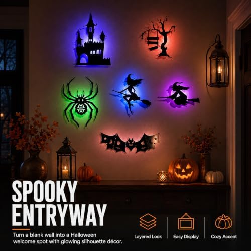 Halloween LED Window Lights, 8-Piece Bat and Witch Wall Decorations，Black：3