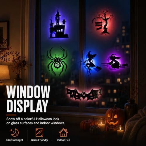 Halloween LED Window Lights, 8-Piece Bat and Witch Wall Decorations，Black：3