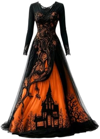 Witch Dress for Women,Halloween Vampire Costumes Treehouse Thorns Witches Gothic Maxi Mesh Dresses