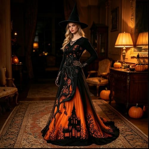 Witch Dress for Women,Halloween Vampire Costumes Treehouse Thorns Witches Gothic Maxi Mesh Dresses