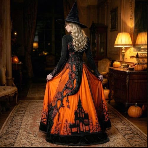 Witch Dress for Women,Halloween Vampire Costumes Treehouse Thorns Witches Gothic Maxi Mesh Dresses