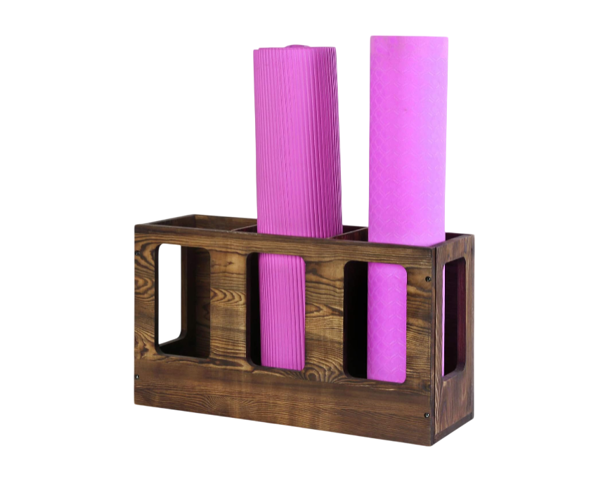 Wall Mounted Vintage Gray Solid Wood Yoga Mat Holder Fitness Gym Foam Roller Storage Organizer, Floor Standing Sports Exercise Mat Rack