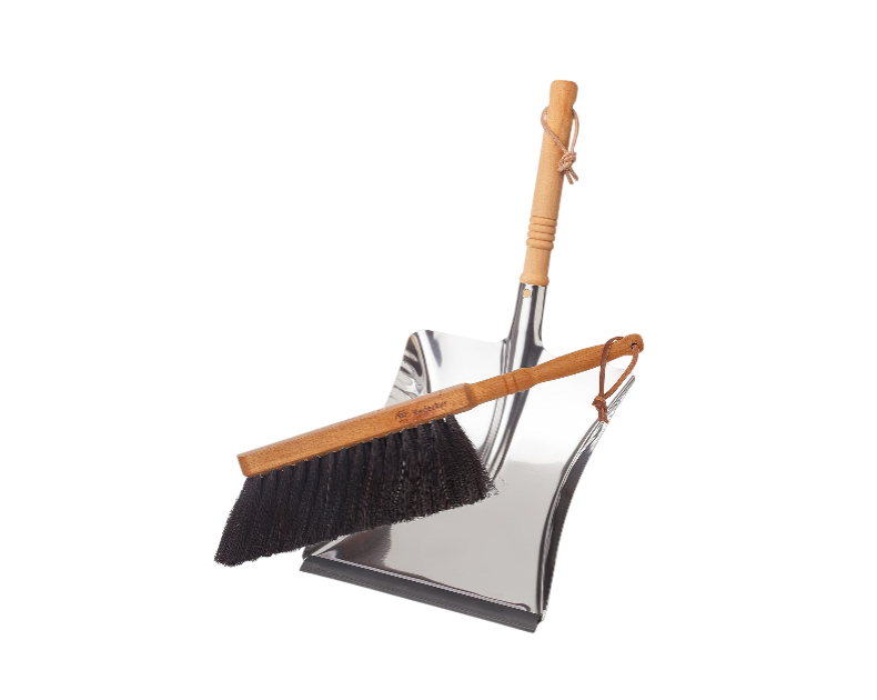 Horsehair Fiber Hand Brush and Dust Pan Set - Wooden Broom and Dustpan Set for Home - Outdoor Dust Pan and Brush - Oiled Beechwood Handles - Large Capacity Stainless Steel Dust Pan