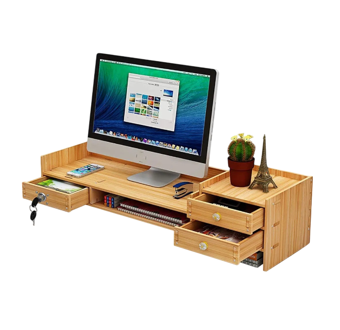 Tabletop Monitor Stand w/3 Drawers Two top Platforms Desk Organizer with Storage Desktop Computer Stand for PC Laptop