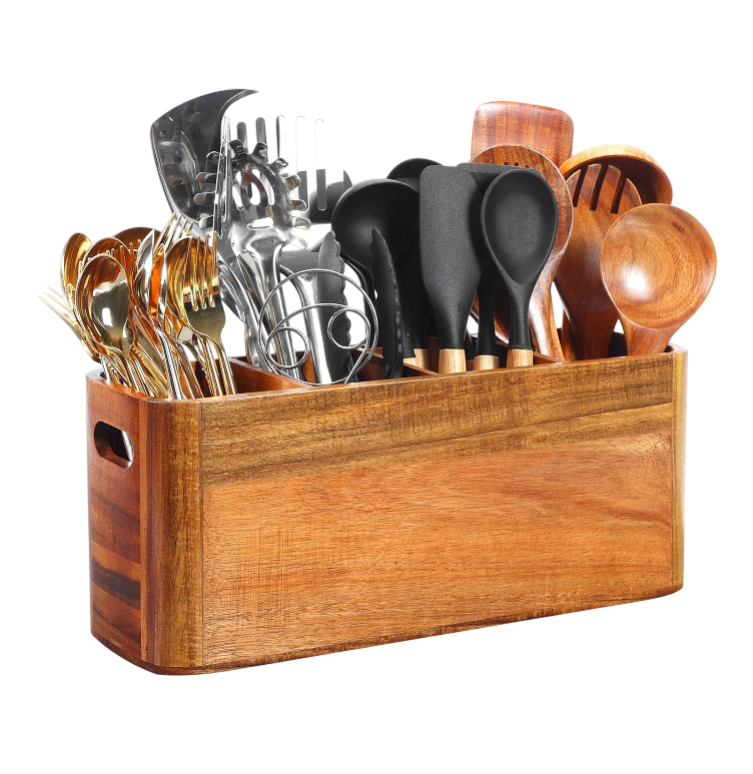 Kitchen Utensil Holder for Counter or Countertop, Extra Large Acacia Wood Organizer with 4 Compartments, Wooden Storage for Cooking and Silverware, Rustic Minimalist Decor, Sturdy Utensil Crock