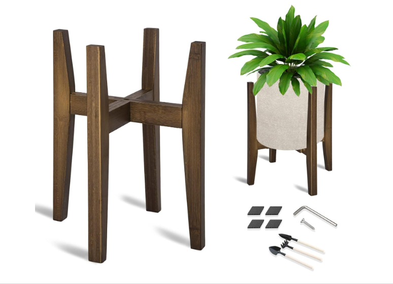 Adjustable Plant Stand, Bamboo Mid Century Modern Indoor Plants Stands, Corner Flower Holder for Living Room, Fits 8 to 12 Inches Pots, (Pot & Plant Not Included)(Walnut, 1 Pack)