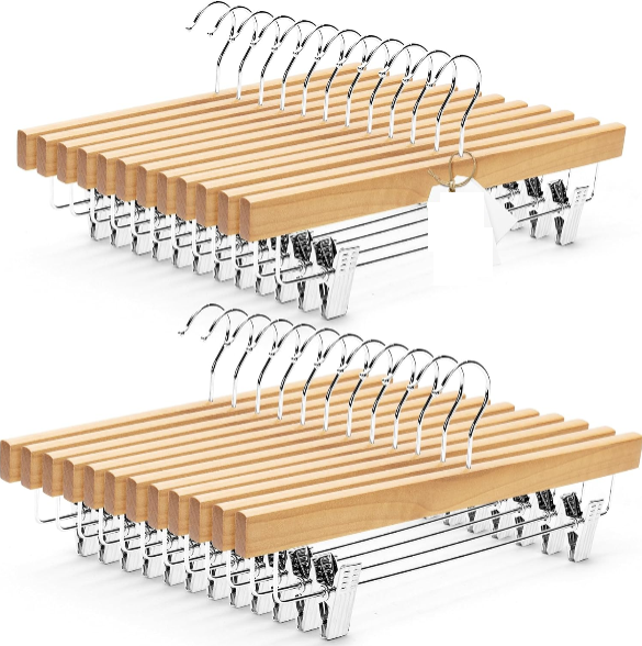 Premium Wooden Pants Hangers 25 Pack, Solid Lotus Wood Skirt Hangers with 2-Adjustable Clips, Heavy Duty & Anti Slip Wood Bottom Hanger for Slacks, Jeans, Trousers, Shorts
