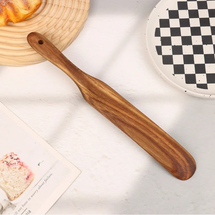 Skinny Spurtle for Sourdough Starter, Mixing, Reaching Bottom of Jar, Dough Whisk, Natural from High Moist Resistance Teak, Spurtles Kitchen Tools Wooden Kitchen Utensils for NonStick Cookware