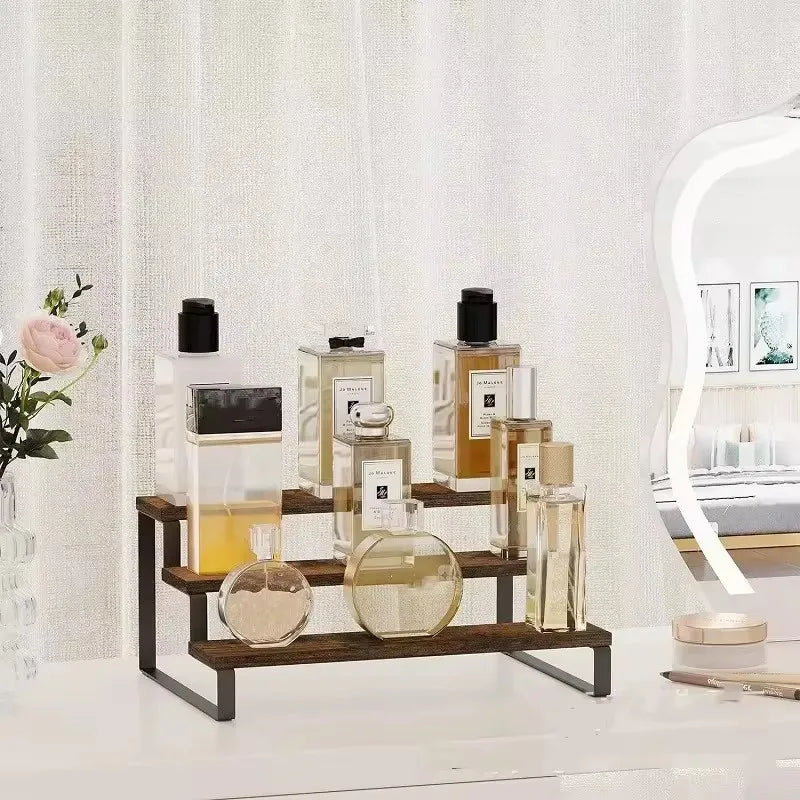 Wooden Display Riser Stand, Tiered Perfume and Cologne Organizer Stand, 3 Tier Spice Rack Organizer, Rustic Display Shelf for Candles (3 Tier)