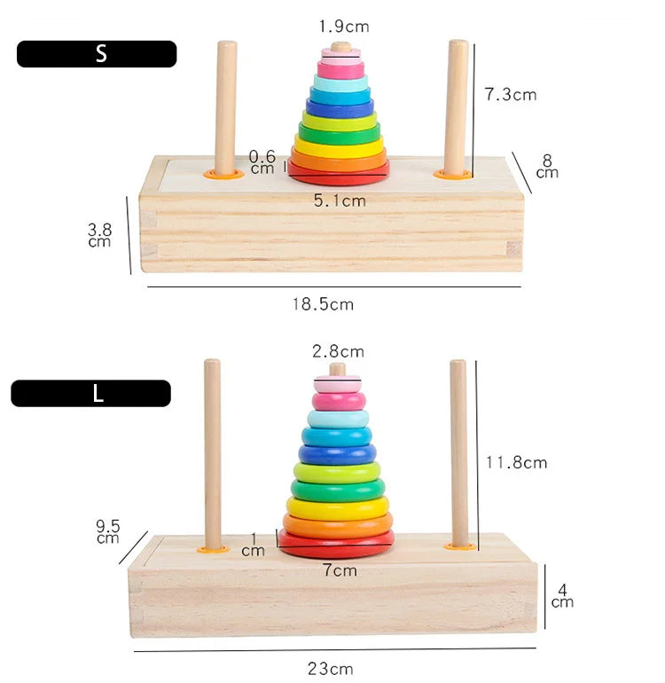 Wooden Towers of Hanoi Rainbow Blocks Toy with Storage Box for Kids 3 Years and Up