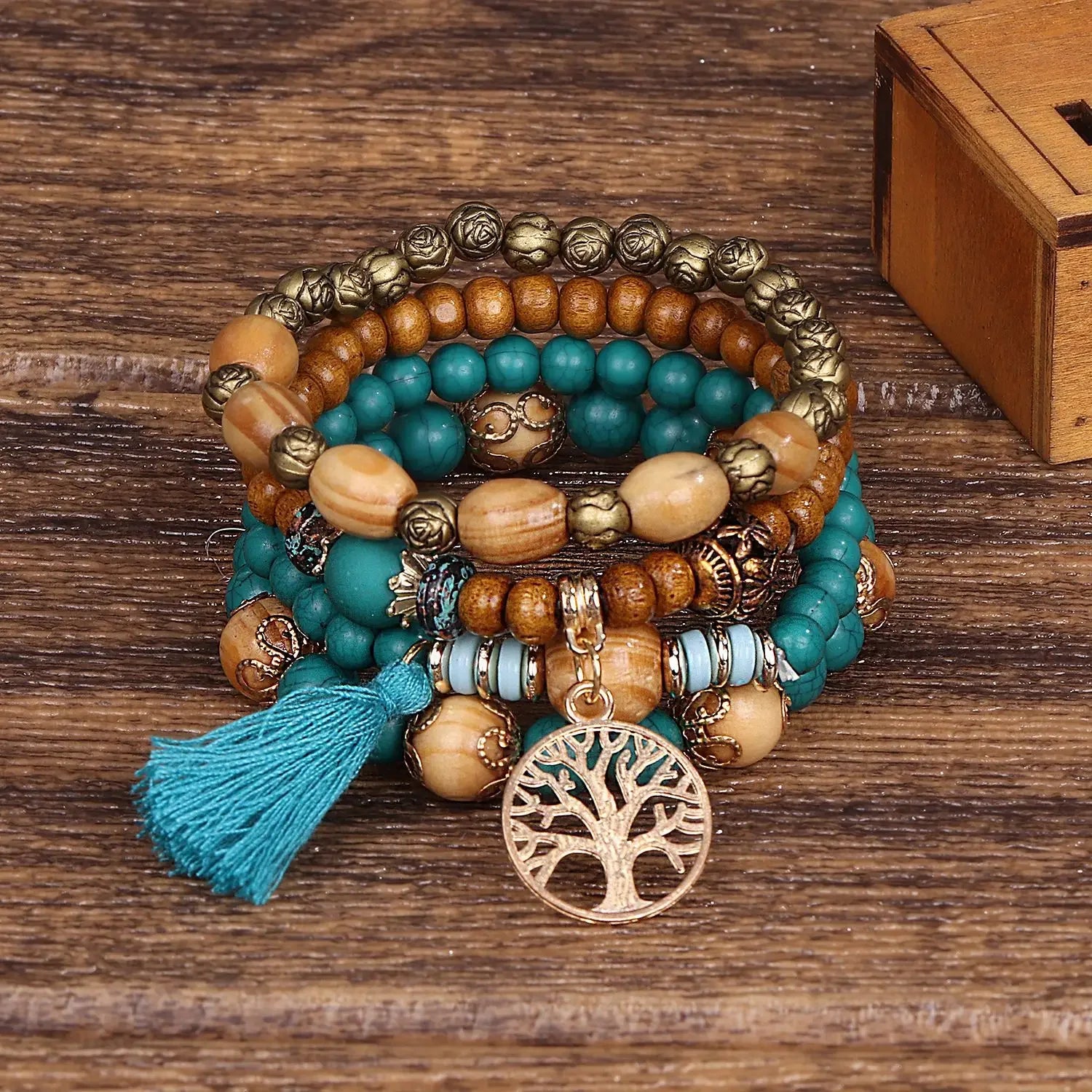 Tree of Life Bracelets for Women Bohemian Stretch Wood Beaded Bracelets for Women Boho Tassel Bracelet Multilayer Stackable Bracelets Christmas Birthday Jewelry for women.