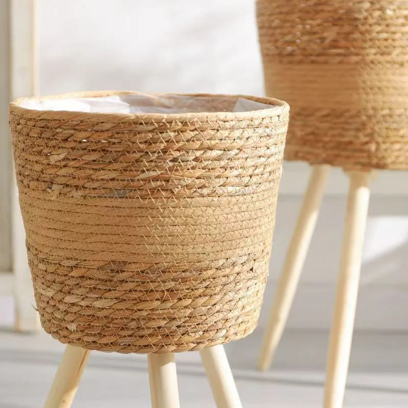 Floor Planter Stand Floor Plant Stand Garden Decoration Rack Indoor Rattan Basket Wicker Round Riser Stand Indoor Plants Hamper Wood Planter Basket Plant Basket Wooden