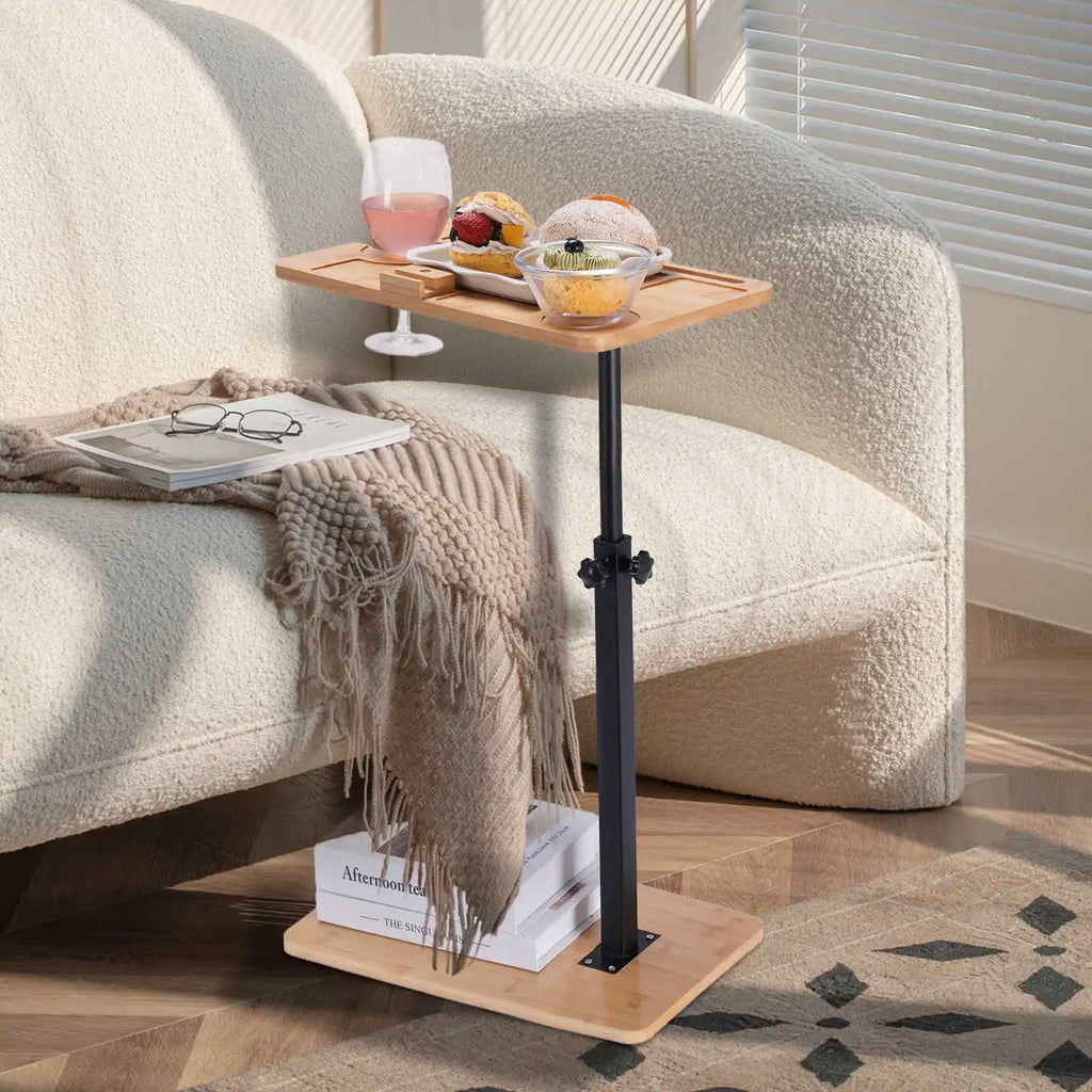 Sofa Couch Arm Table Tv Tray Small Bed Stand C Shaped Side End Tables for Living Room, Bedroom, Bedside Walnut