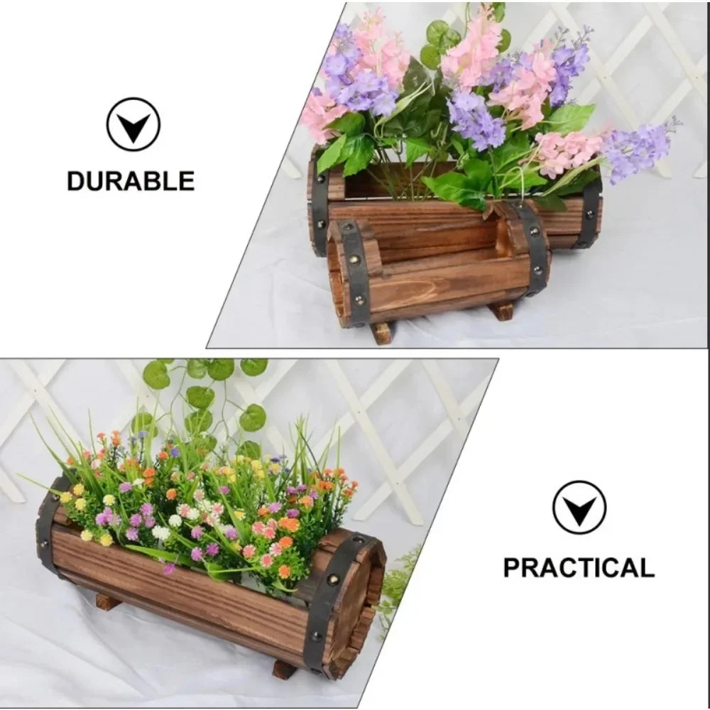 Rustic Half Barrel Planters 2 Pack Wood Planter Boxes, Outdoor Wood Flower Pots Wooden Planters for Garden, Patio, Balcony