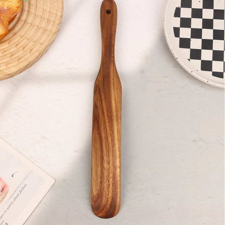 Skinny Spurtle for Sourdough Starter, Mixing, Reaching Bottom of Jar, Dough Whisk, Natural from High Moist Resistance Teak, Spurtles Kitchen Tools Wooden Kitchen Utensils for NonStick Cookware