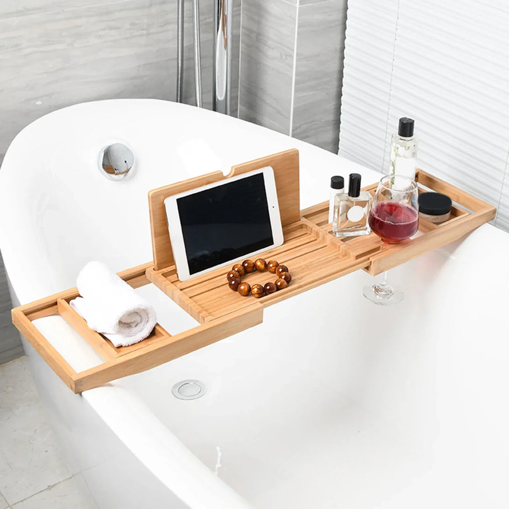 Bathtub Caddy Tray Expandable to 105cm with Bamboo Book Stand and Soap Tray,