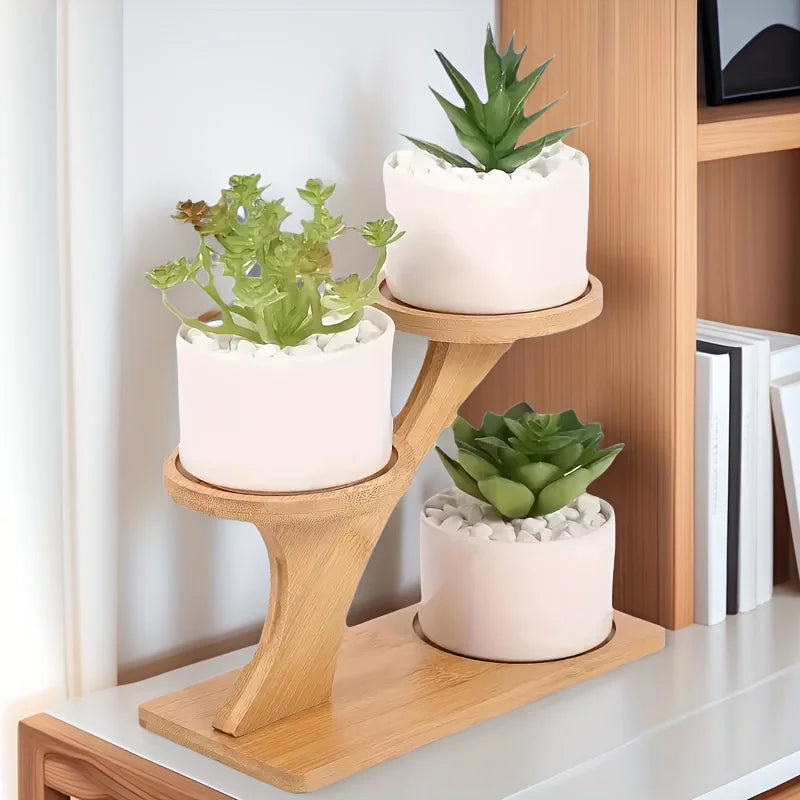 1PC Bamboo Plant Stand ,3 Tiers Indoor Succulent Windowsill Shelf - Small Tabletop Plant Holder for Home, Office, Living Room, Bedroom Decoration 1pc