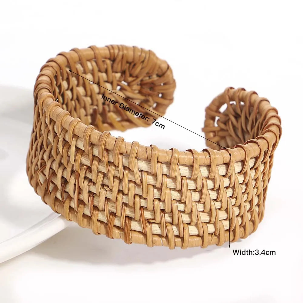 Handwoven Wooden Braided Rattan Knit Cuff Bracelet Natural Bamboo Square Round Geometric Chunky Wrap Bangle for Women Ethnic Tribal Wrist Jewelry