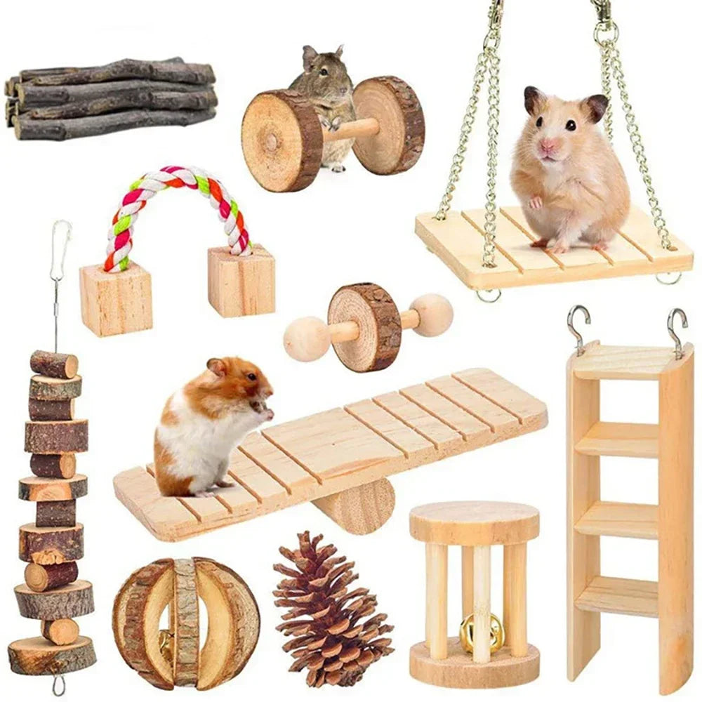 Hamster Toys Rat Toys Chinchilla Toys Hamster Chew Toys Cage Accessories Apple Wood Sticks Ladder Bell Roller for Gerbil Guinea Pigs and Other Small Animal