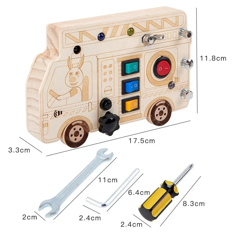 Busy Board Montessori Toys for Toddler, Wooden Sensory Board Switch Toy with Shape Sorter LED Light Up Toys Educational Plane Travel Activity for Girls & Boys