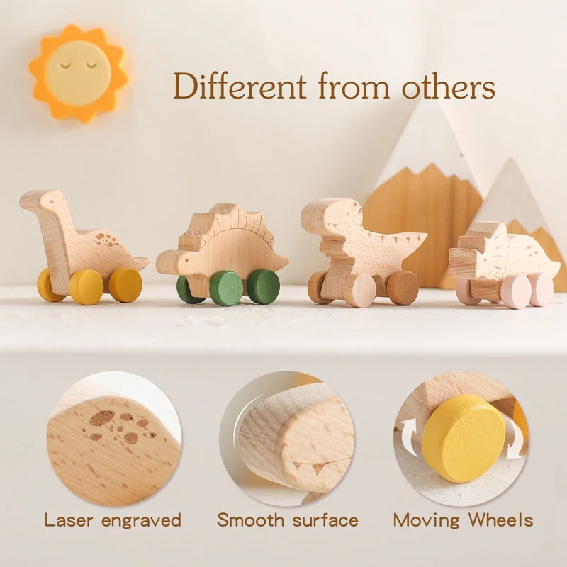 Wooden Dinosaur Cars Montessori Toys for Babies Baby Push Car Toys Wooden Toy Vehicles Development and Infant Grasping Montessori Toys