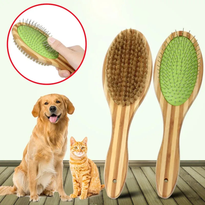 Dog Brush, Double Sided Pet Slicker Brush with Bamboo Handle for Dogs and Cats Long Hair Pets Grooming Comb for Removing Shedding, Tangles and Dead Undercoat