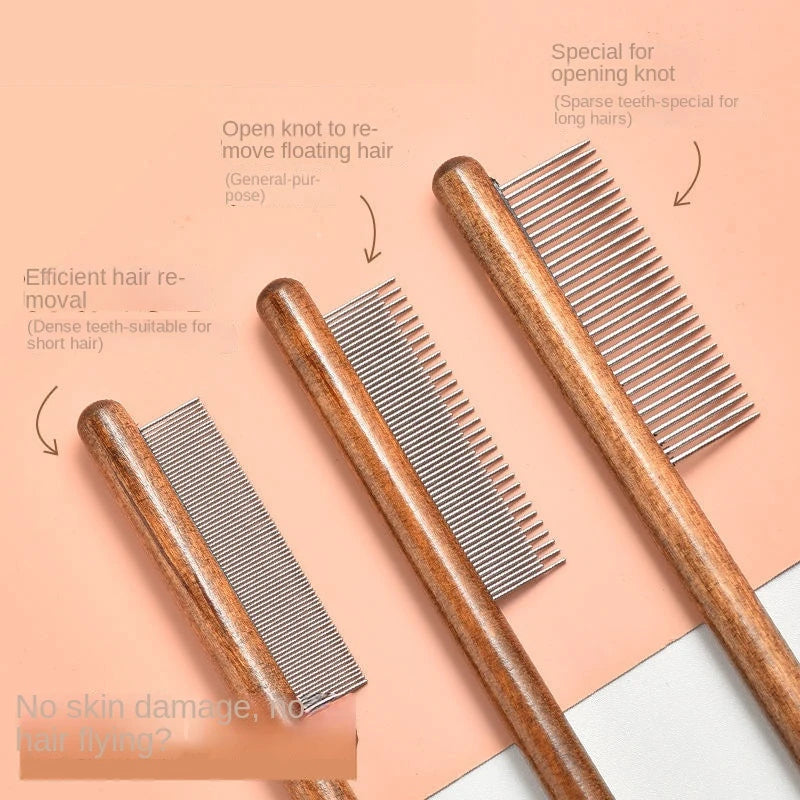 Solid Wood Cat Combs, Stainless Steel Teeth for Cat Dog Rabbit Massage, Flea Lice Comb Removes Mats, Tangles and Loose Fur, Grooming Comb for Small Medium Pets