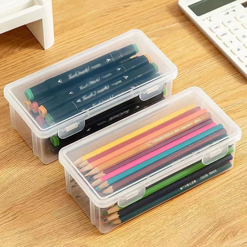 1 Pack Pencil Case, Clear Pencil Box with Stickers, Large Plastic Crayon Box with Snap-tight Lid, Stackable Storage Box Art Craft Marker Organizer Box for Kids Boys Back to School, Clear