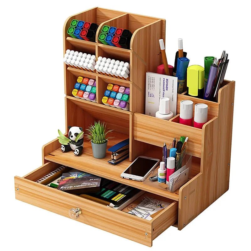 Bamboo Desk Organizer - Makeup & Pen Storage with Drawer & Pencil Holder for Office Organization