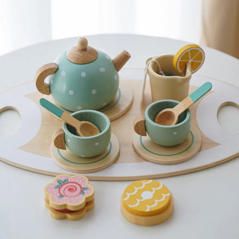 Wooden Tea Set for Little Girls Play Food Pretend Play Kitchen Accessories for 3 4 5 Years Old Girls and Boys Toddler Princess Tea Time Party Food Toys