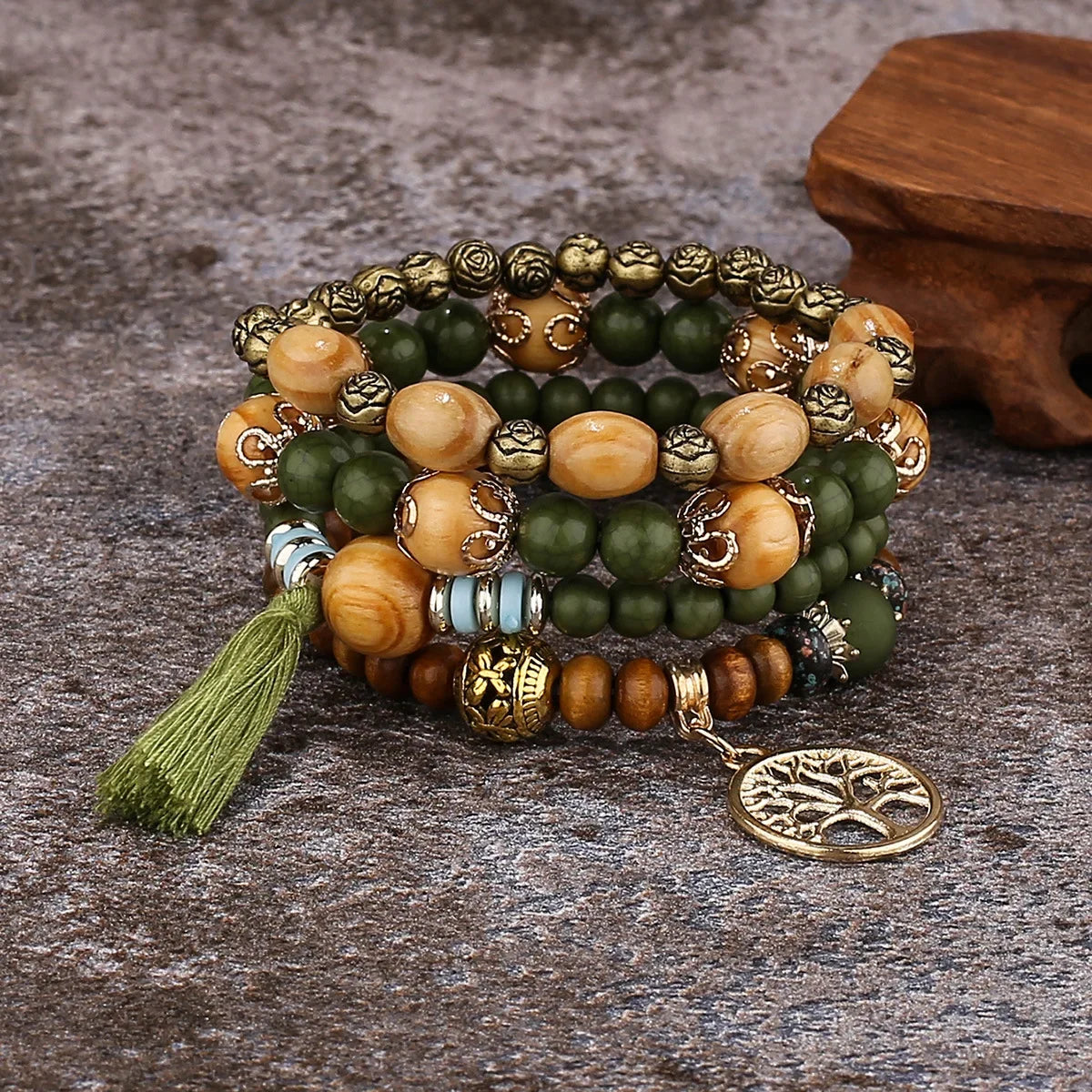 Tree of Life Bracelets for Women Bohemian Stretch Wood Beaded Bracelets for Women Boho Tassel Bracelet Multilayer Stackable Bracelets Christmas Birthday Jewelry for women.