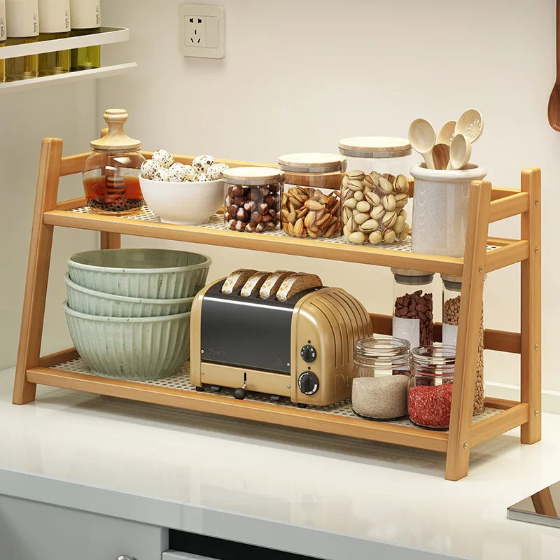 Household 2-Tier Cup Shelf Organizer, Kitchen Counter Shelf for Tea Coffee Bar Accessories, Bamboo Mug Holder Countertop, Matcha Stand, Cup Display, Condiment Storage Rack - Natural