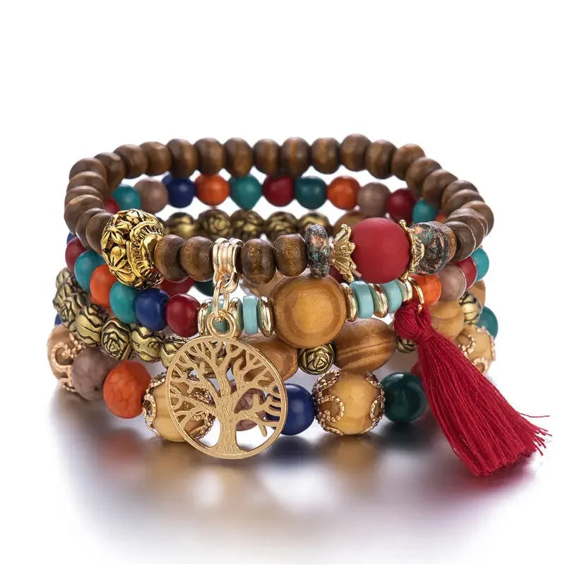Tree of Life Bracelets for Women Bohemian Stretch Wood Beaded Bracelets for Women Boho Tassel Bracelet Multilayer Stackable Bracelets Christmas Birthday Jewelry for women.