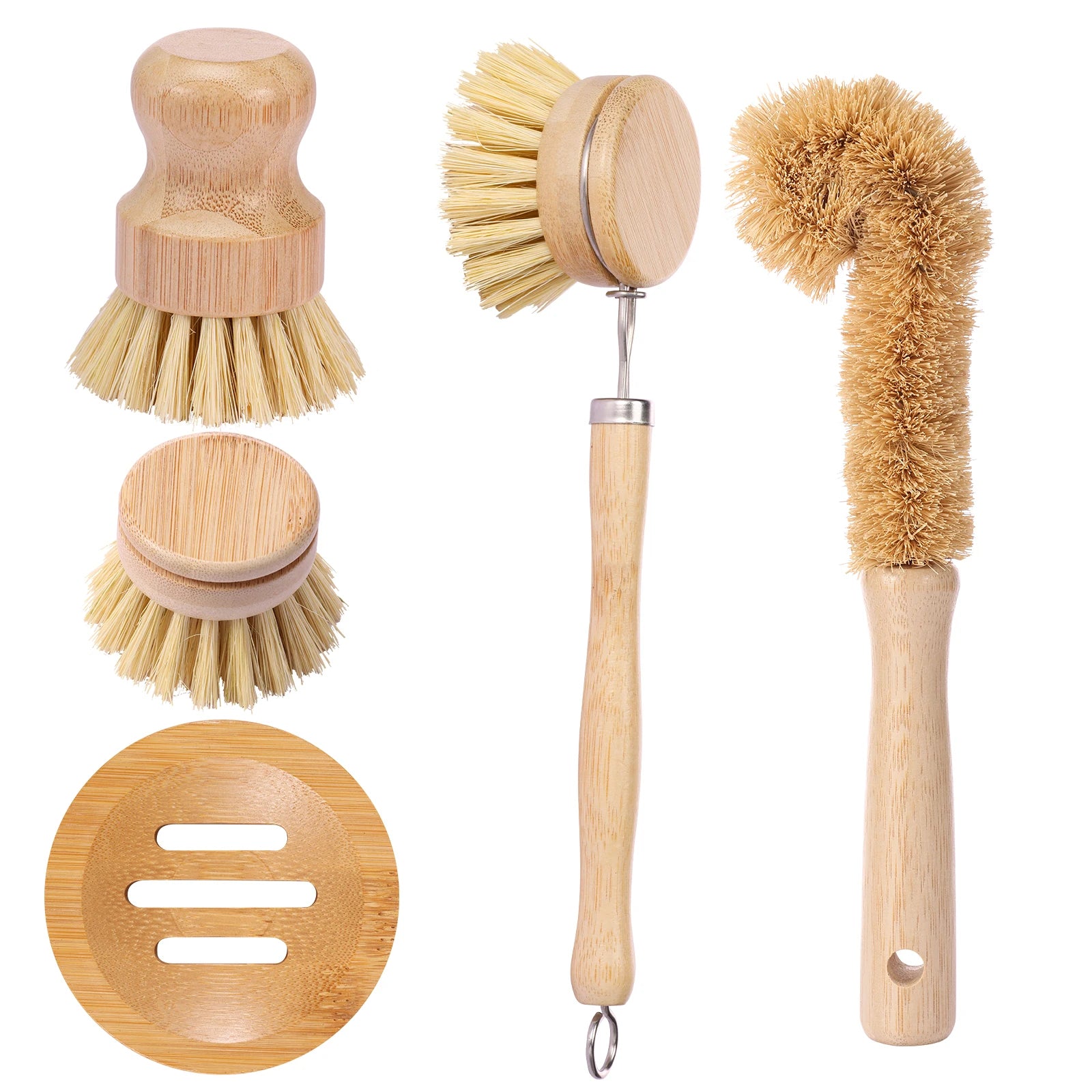 4/5 Piece Bamboo Dish Brush Set with Coconut Sponge - Wooden Dish Brush with Sisal and Palm Fiber, Natural Bamboo Dish Scrub Brush for Kitchen Cleaning Dishes, Pots, Pans, Bottles, Vegetables